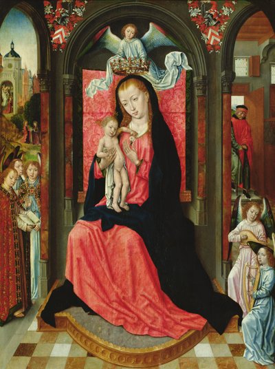 Madonna op de troon omringd door engelen door Master of the Legend of St. Ursula